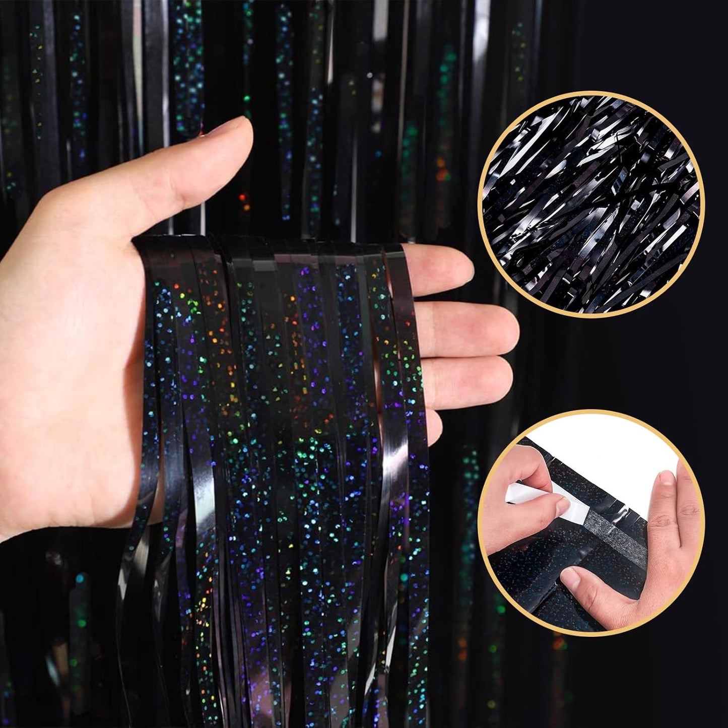 10 Pack Black Backdrop Curtain 3.2ft x 8.2ft Metallic Tinsel Foil Fringe Curtains Photo Booth Background for Birthday Party Decoration Baby Shower Engagement Wedding Christmas Decoration (Black)