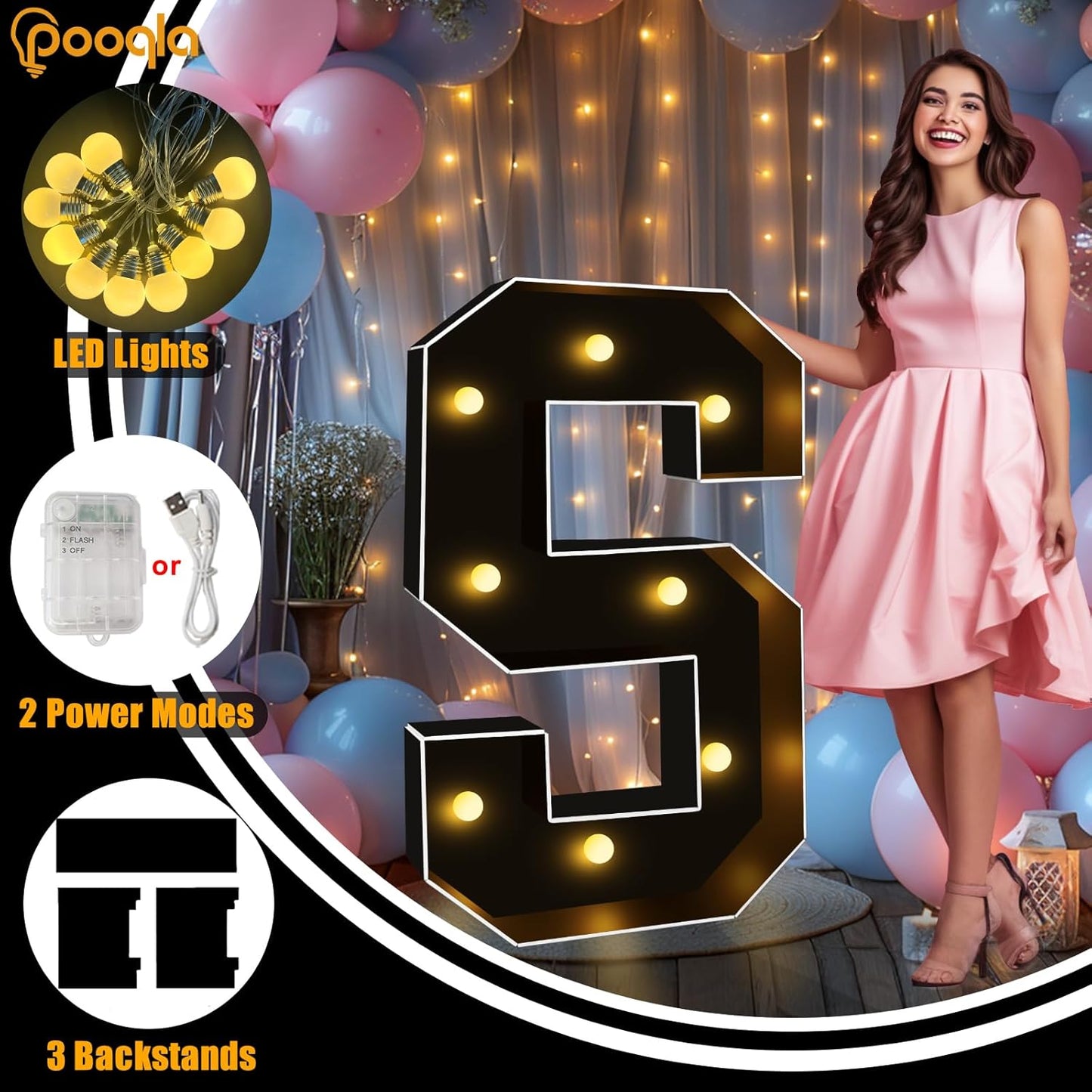 Pooqla 3FT Marquee Light Up Letters, Black LED Party Decor Large Marquee Letters 3 Feet Tall, Giant Mosaic Letter for Birthday Graduation Anniversary Wedding Decoration, Letter C