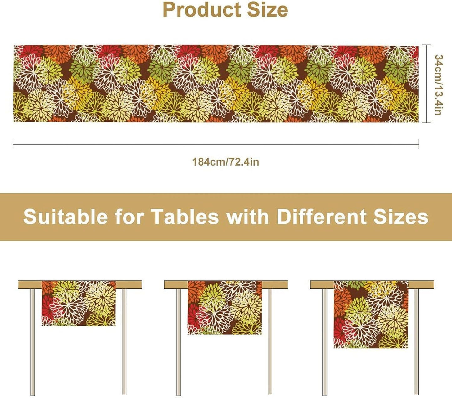 Brown Dahlia Floral Table Runner, Seasonal Autumn Thanksgiving Pattern Print for Home Kitchen Table Decor Dining Coffee Room Party Decor 13x108 Inch