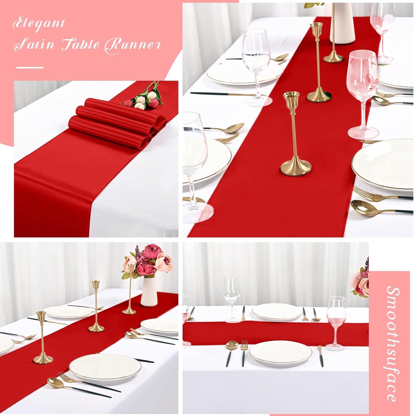 20 Pack Red Satin Table Runner,12 x 108 inch Long Premium Smooth Red Table Runners for Wedding, Banquets, Birthday, Party, Engagements,Table Runners fit Rectangle and Round Table