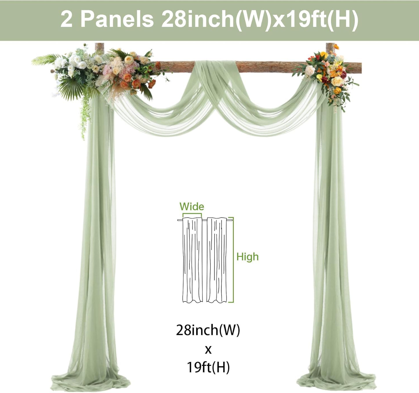2 Panels Wedding Arch Draping Fabric Sage Green Sheer Backdrop Curtain Arch Drape for Wedding Ceremony Reception,Bridal Shower Party Decorations 28" X 19ft