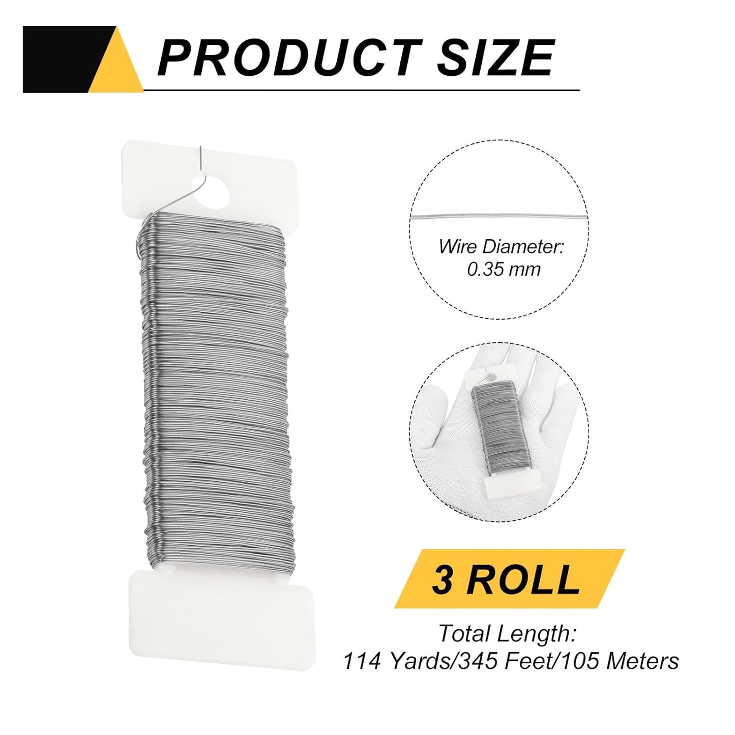 MECCANIXITY 114 Yards/345 Feet 27 Gauge Metal Floral Wire Silver Tone Flexible Paddle Thin Floral Wires for Craft, Christmas Wreath, Flower Arrangement, Wedding, Total 3 Roll