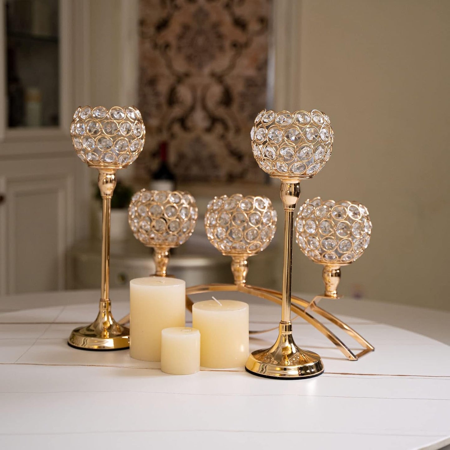 Vincigant Gold Crystal Candle Holders Set of 8 with 4Sets Crystal Candelabra 3 Arm Candlesticks Holder Table Centerpiece,Candelabra Centerpieces for Wedding Party Anniversary Home Living Room Decor