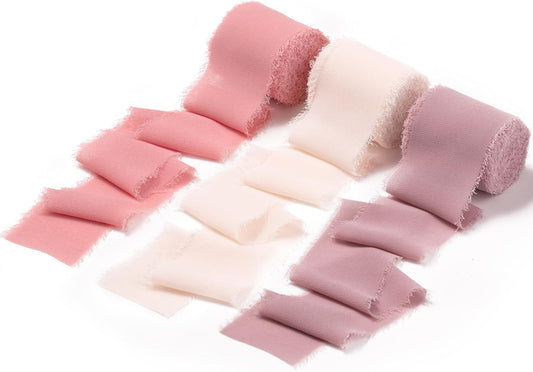DORIS HOME 2" x21Yd Chiffon Ribbon for Flower Bouquet, Pink & Dusty Rose Fabric Ribbon for Gift Wrapping, Handmade Frayed Ribbon for Wedding/Christmas Decorations