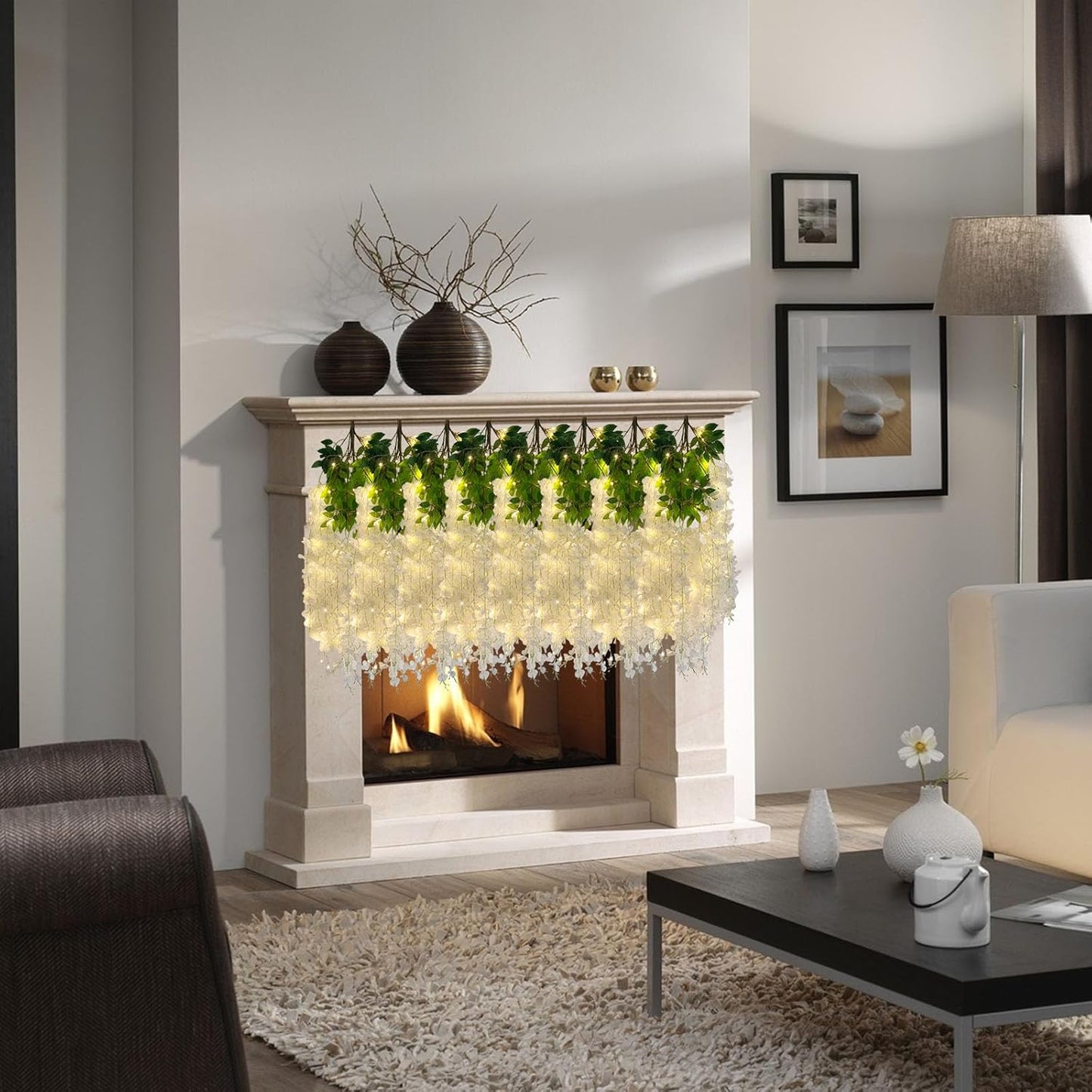 12 Pack White Wisteria Hanging Flowers Garland with Lights, 3.44 Feet Artificial Flower Vines, Fake Wisteria, Artificial Vines Hanging Garland for Backdrop Outdoor Patio Garden Decor