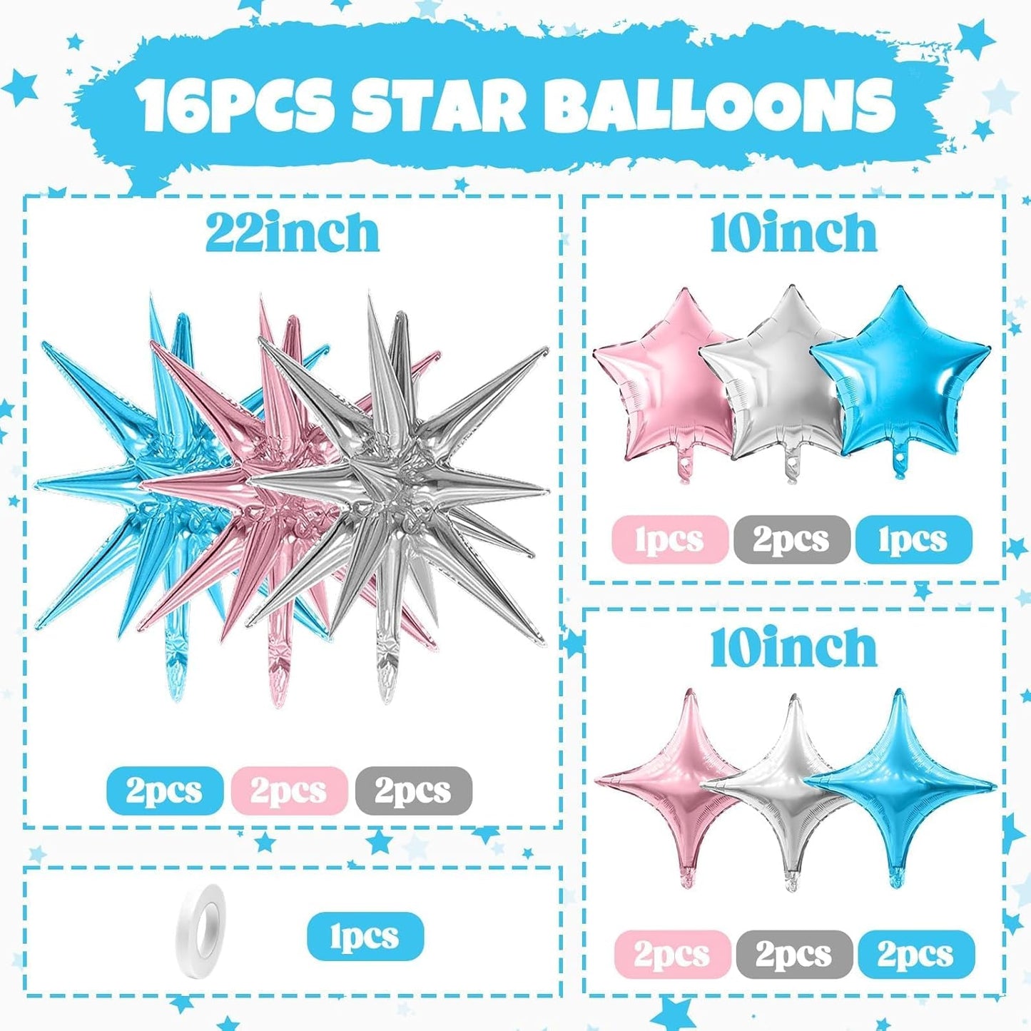Pink Blue Silver Star Balloon,16Pcs Star Foil Balloons Set with 22Inch Explosion Spike Cone Balloons and 10Inch Quadrangle Helium Balloon for Birthday Wedding Baby Shower Party Decorations