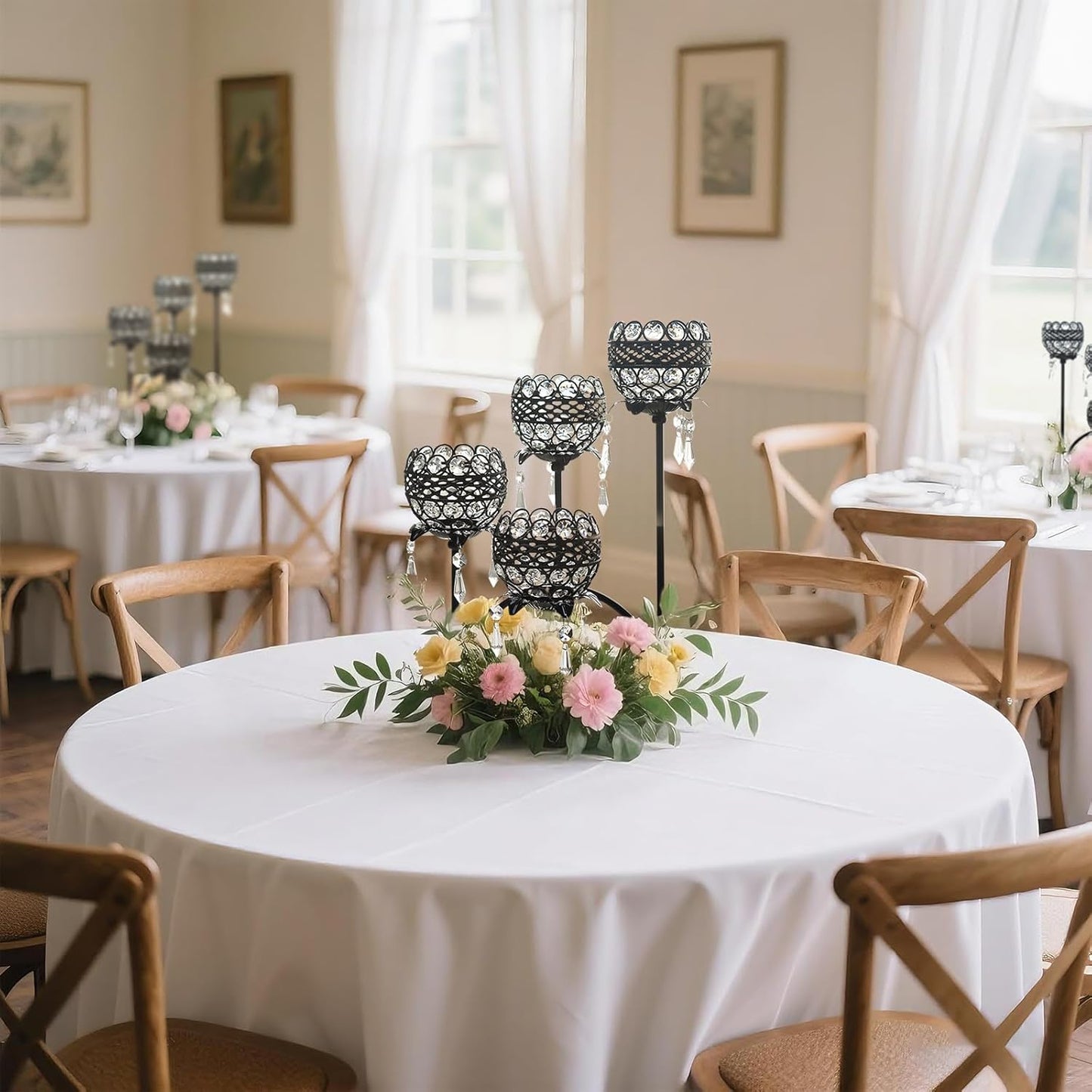 4 Arms Crystal Candelabra Tealight Holder - Tall 15.7 Inch Elegant Centerpiece with Crystal Pendant Bowls & Artistic Metal Stand for Wedding, Dining Table, Home Decor (4, Black)