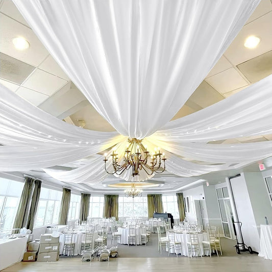 6 Panels White Ceiling Drapes 5ftx15ft Wedding Ceiling Drapes Chiffon Fabric Arch Draping Sheer Curtains Soft Drapery Draping Wedding Ceiling Decorations for Party Ceremony Stage Swag