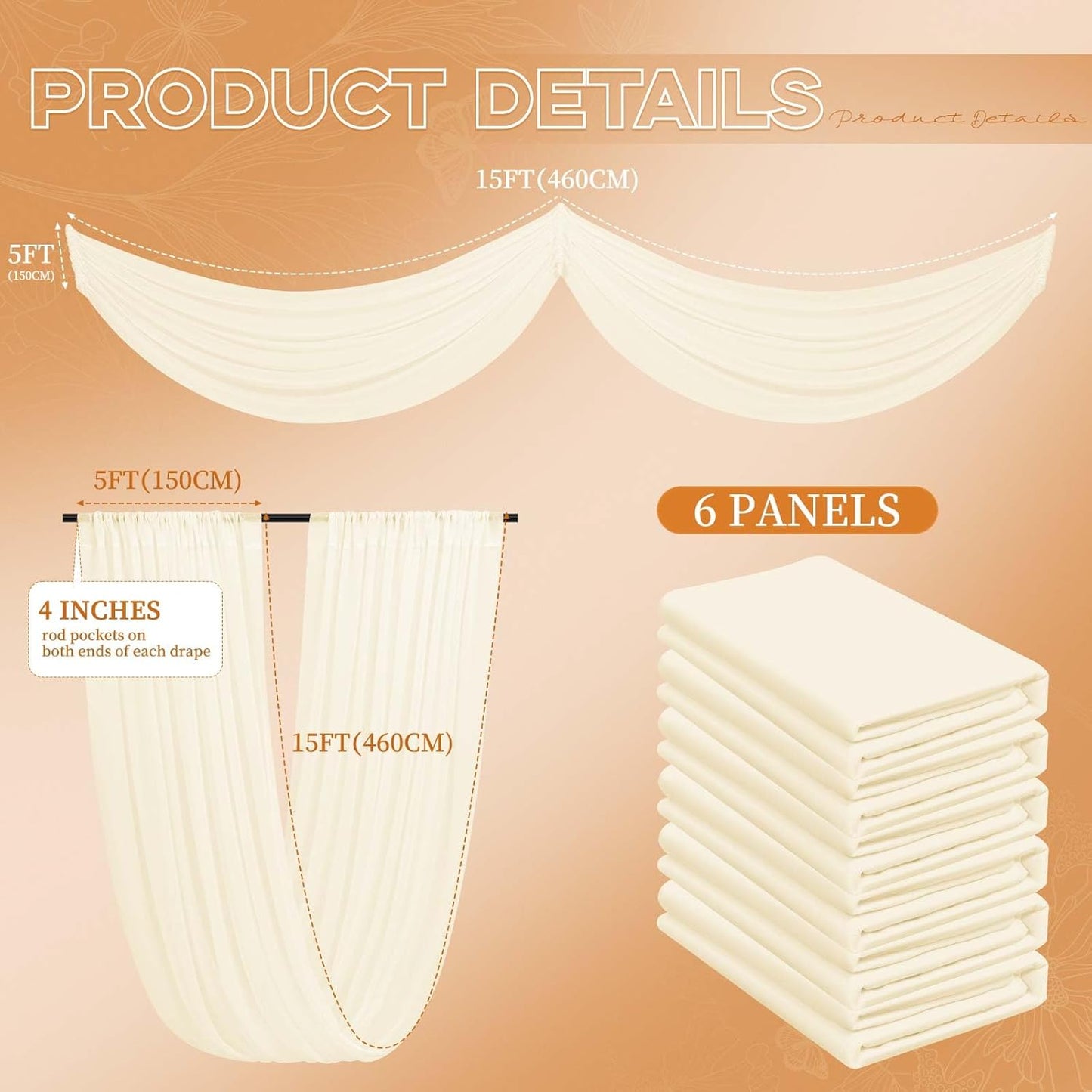 Ivory Ceiling Drapes for Wedding - 5ft x 15ft Sheer Curtain with Romantic Decorations for Party Banquet Ceremony Stage