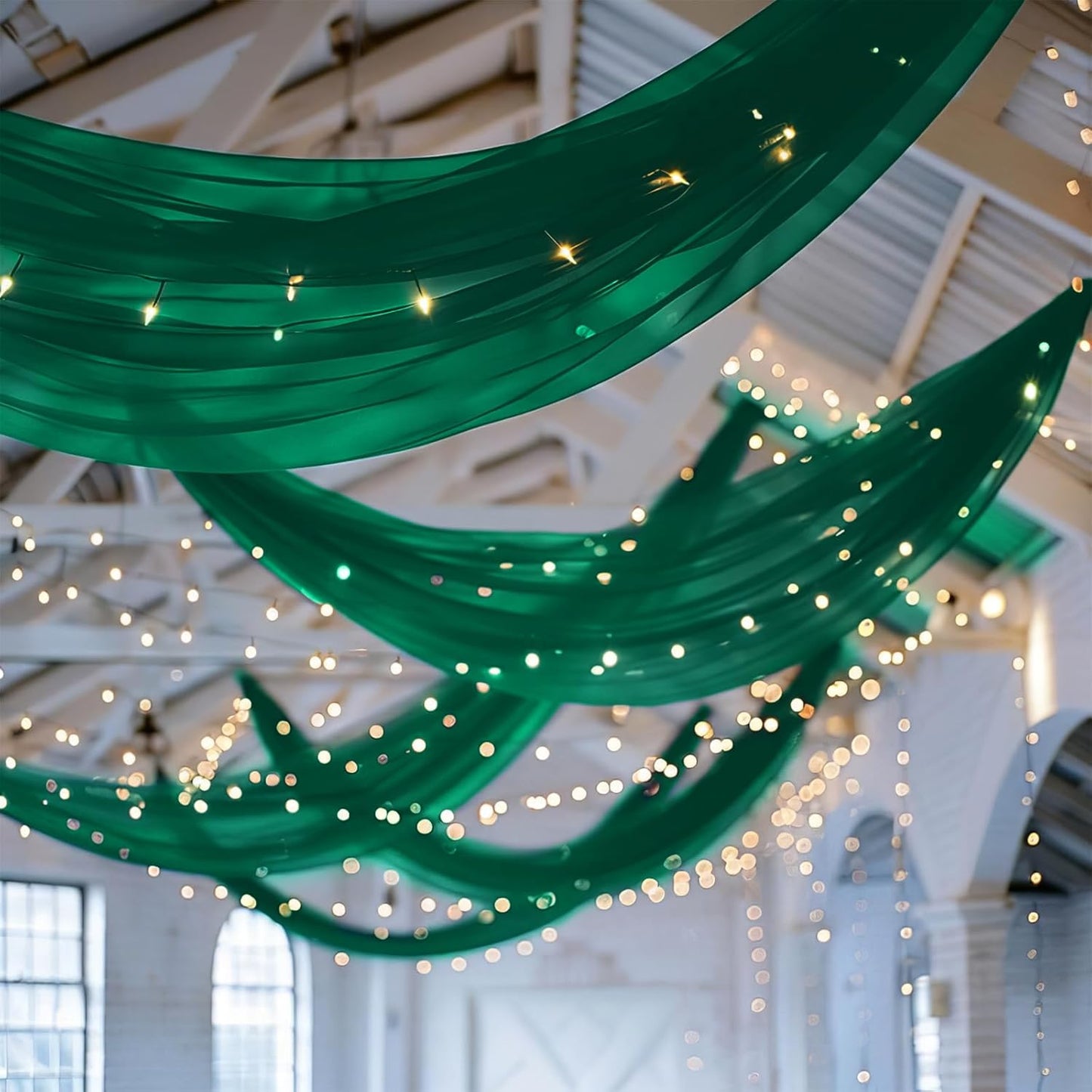 6 Panels Emerald Green Ceiling Drapes for Wedding 5ftx20ft Chiffon Fabric Arch Draping Curtains Sheer Drapery for Party Ceremony Birthday Baby Shower Reception Stage Swag Ceiling Decorations