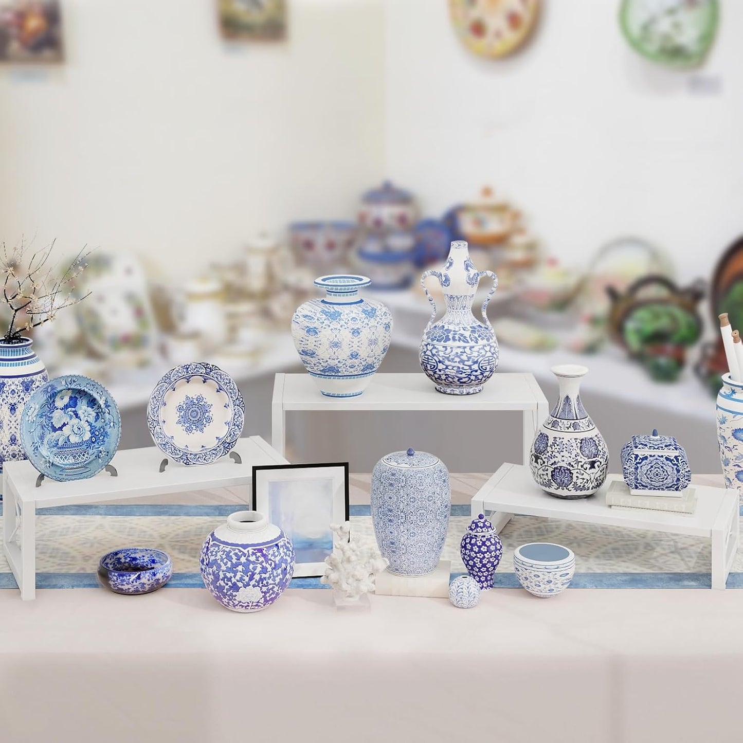 ELITEROO White 3-Tier Cupcake Stand & Wooden Display Riser, Dessert Stand for Cupcakes, Food, Perfume, Makeup, Dolls, Collectibles, Multi-Tiered Shelf Organizer for Market Vendors & Retail Display