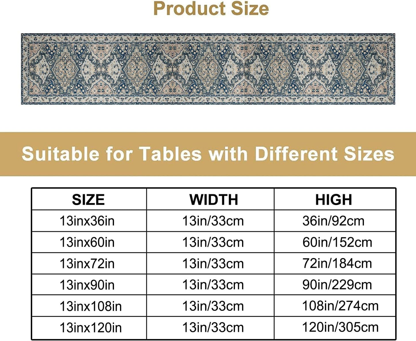 Vintage Boho Floral Table Runner, Rustic Country Farmhouse Blue Grey Retro Flower Pattern for Home Kitchen Table Decor Dining Coffee Room Party Decor 13x36in