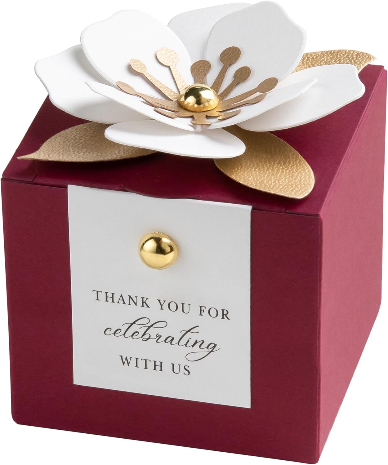 FEIYI 20 PCS Candy Boxes, 3 In 1 Burgundy Favor Boxes with Floral Decor, White Thank You Tags Gift wrapping for Wedding Birthday Baby Shower Decorations Party -2.55x2.55x2.55''