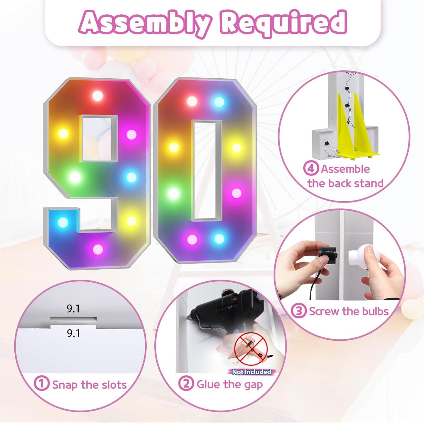 Marquee Numbers 90th-Birthday Decoration: Colorful 3FT Large Light Up 90 Year Old Birthday Decorations Anniversary Backdrop for Boys Girls Cardboard Sign 18 Colors Number 90 Mosaic Balloon Frame