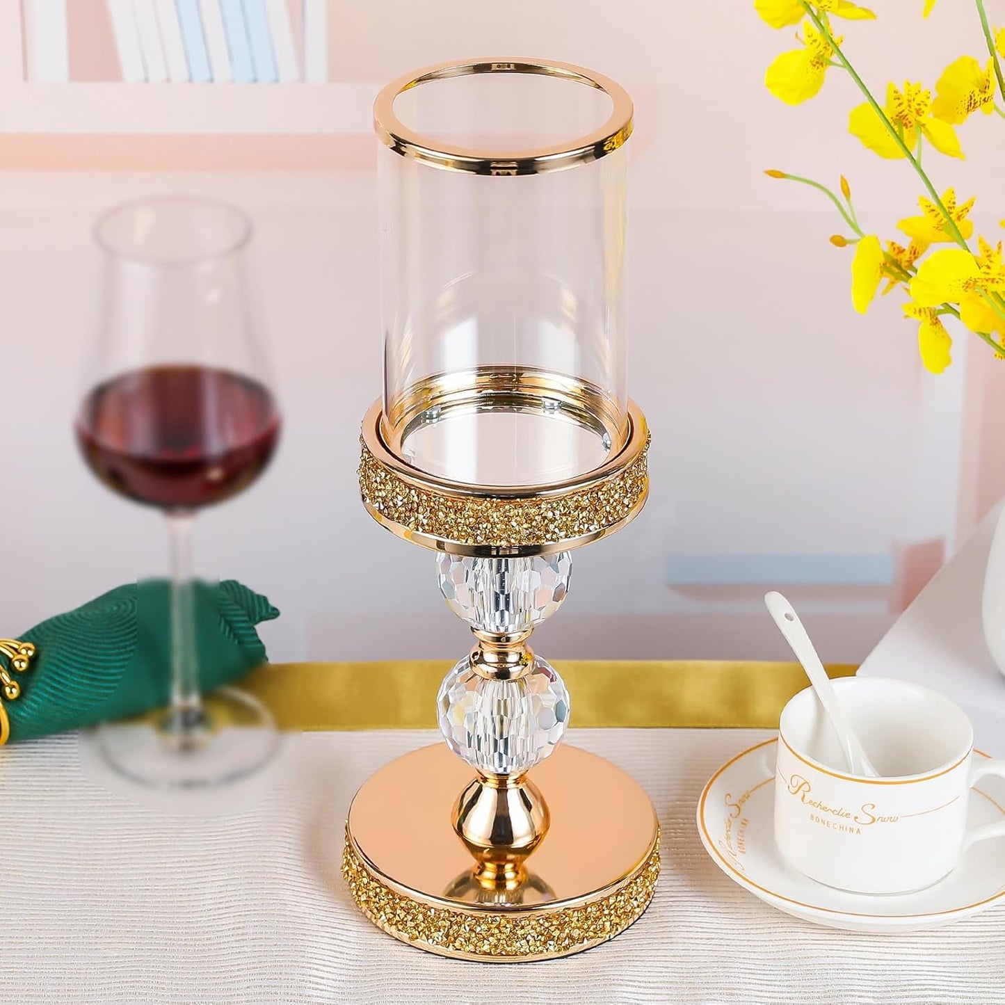 Pillar Candle Holder, 13 Inch Crystal Candlesticks for 3''X5'' Candles, Dining Coffee Table Decor, Wedding, Events, Parties - Glass and Gold Finish