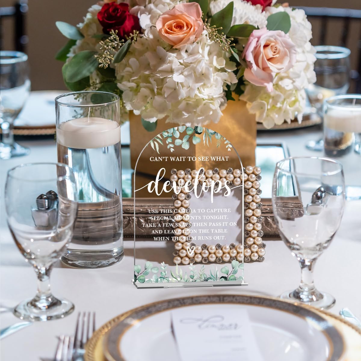 Acrylic Wedding Sign Can't Wait to See What Develops Signs for Ceremony Modern Calligraphy Arch Acrylic Table Top Signs for Wedding Reception and Event Party Table Decor (Eucalyptus Leaves)