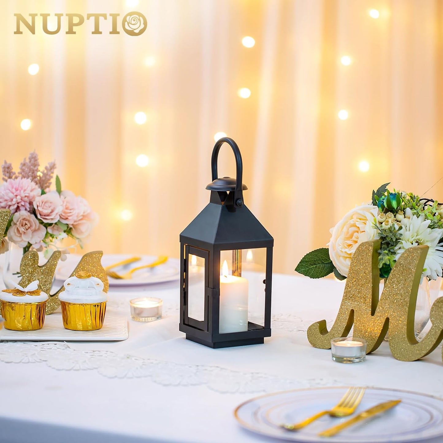 Nuptio Garden Lanterns for Pillar Candles Tall Vintage Style Metal Candle Holder Halloween Hanging Decorative Lantern for Wedding Christmas Parties Indoor Outdoor 8.7in