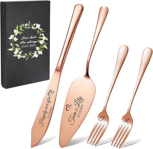 Personalized 4 Piece Wedding Cake Cutting Set, Custom Names Cake Knife and Server set with Forks, Anniversary Birthday Bridal Wedding Registry Gifts (Rose gold)