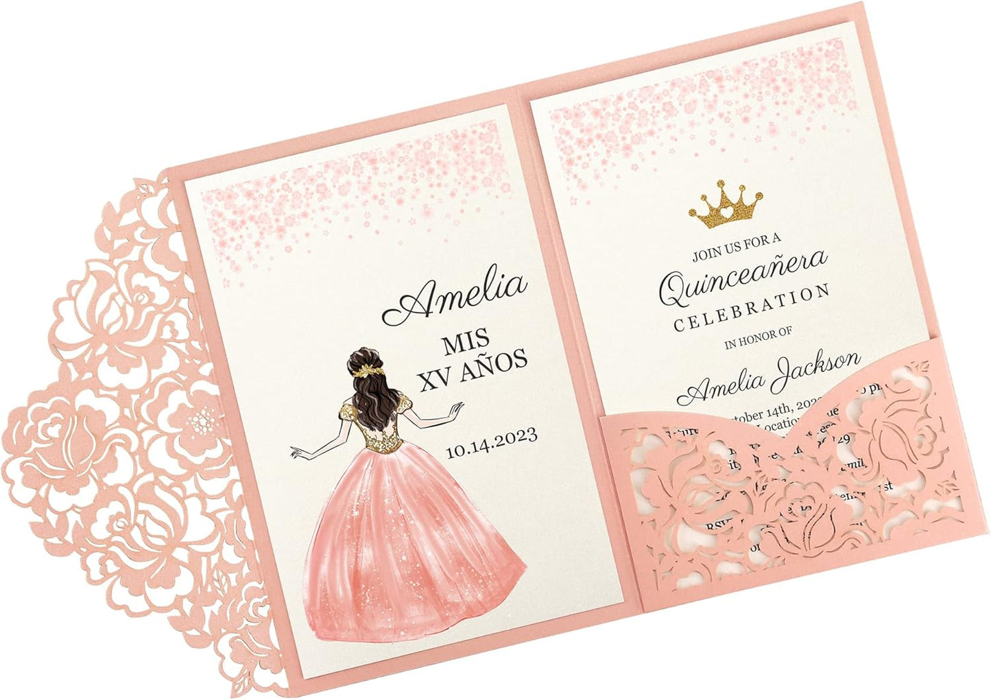 DORIS HOME 50pcs Laser Cut Quinceanera Invitations Pink, 4.7x7.1 Personalized Quince Invitations for 15th Birthday, Invitation cards for Sweet 16 with Envelopes