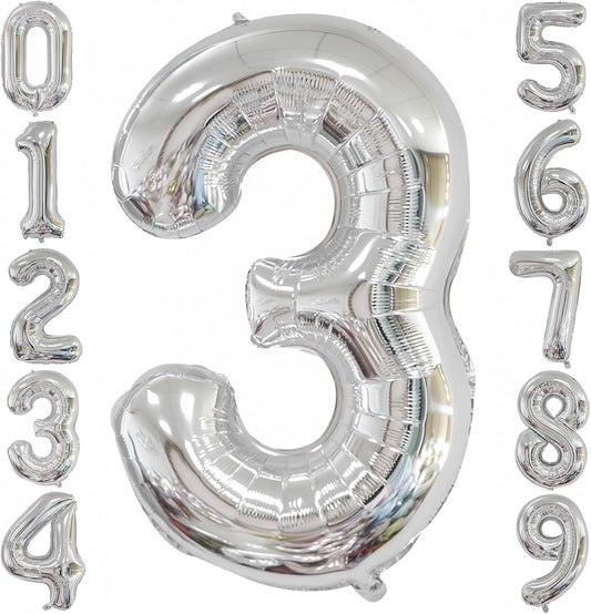 Silver 3 Balloon,40 Inch Number 3 Balloon,3 Birthday Balloon Decorations,Helium Silver 3 Balloon Number for Birthday Party Decorations