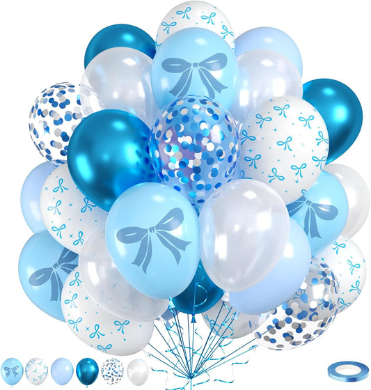 Blue Bow Balloons, 60pcs White And Blue Balloons, Metallic Macaron Preal White Balloon Bow Print Balloon For Girls Women Lady Birthday Baby Shower Party Wedding Bridal Shower Bachelorette Decorations