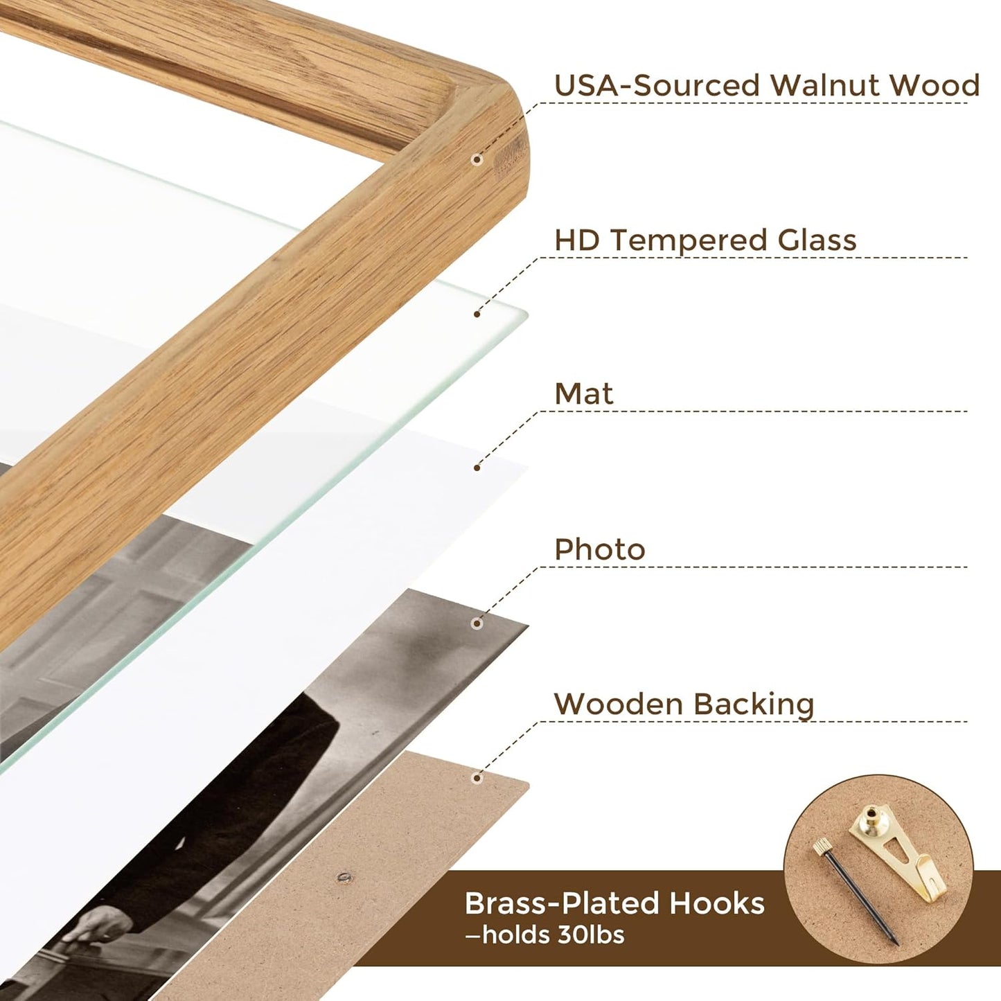 8x10 Oak Frame USA-Sourced Natural Wood Picture Frames Handcrafted Rounded Corner with Mat to 6x8 Picture Display with Real Glass Family Picture, Photo, Certificate