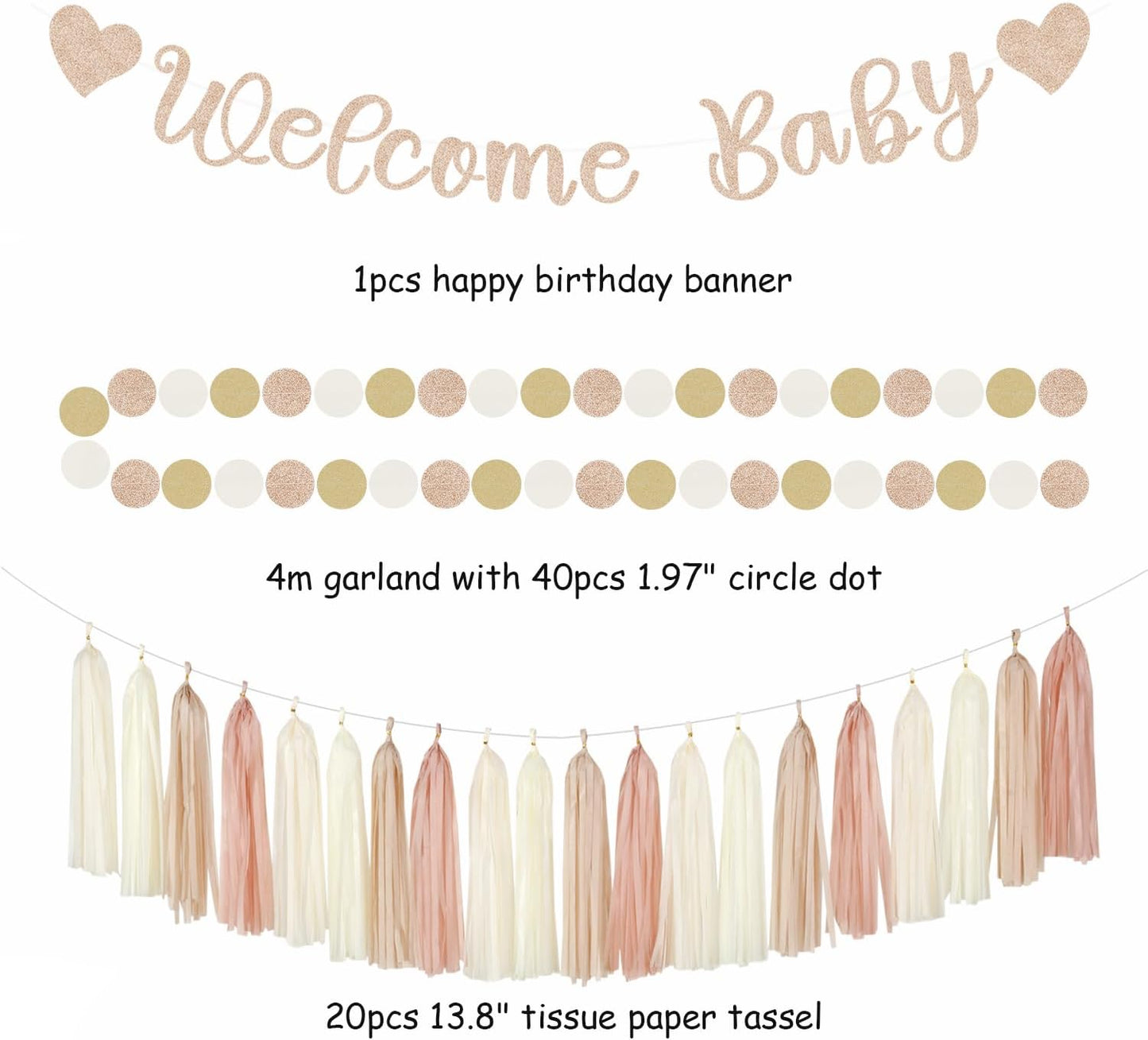 Champagne-Gold Beige Fall Baby-Shower Party-Decorations - 36pcs Welcome Home Banner Sign,Neutral Paper Lanterns,Girl Streamers Garland,Boho Hanging Tissue Pom Poms Flowers Fans Backdrop Decor Burgleda