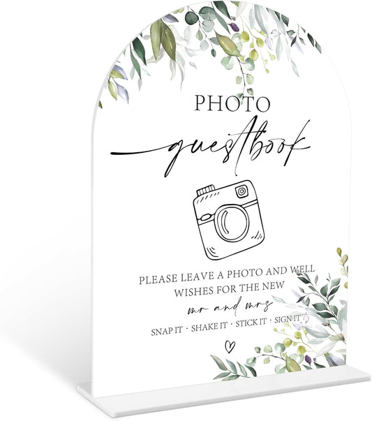 Greenery Photo Guestbook Sign, 6 x 8 Inch White Arch Acrylic Wedding Sign with Holder, Wedding Sign for Ceremony and Reception, Wedding Decoration, Wedding Supplies - LY06