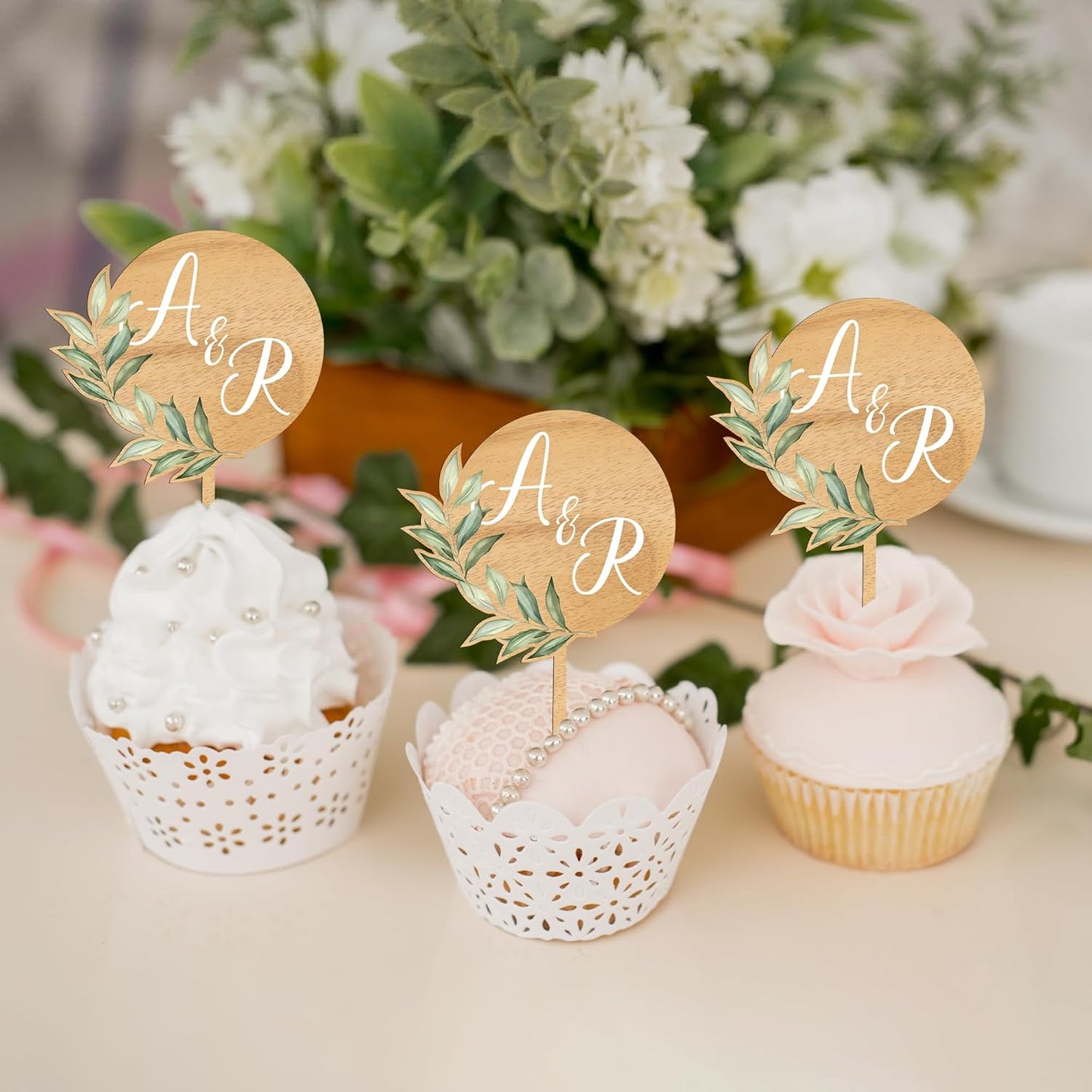 Custom Wedding Cupcake Toppers Personalized Cake Cupcake Decorations in Wood (12 PCS)