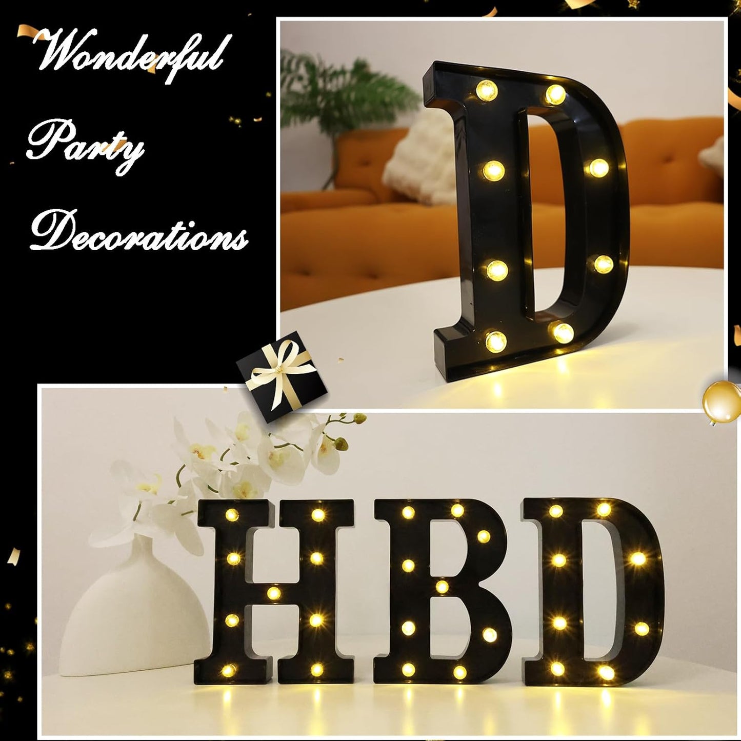 Led Marquee Letters, 8.58 Inch Black Light Up Letters, Small Led Letter Lights, Battery Powered Lighted Letterfor Table, Party, Birthday, Christmas Decor (Black, Letter D)