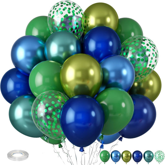 Blue and Green Balloons, Dark Green Metallic Balloons and Royal Blue Balloon, Metallic Blue Green Confetti Balloon for Boy Birthday Baby Shower Jungle Safari Theme Wedding Party Supplies