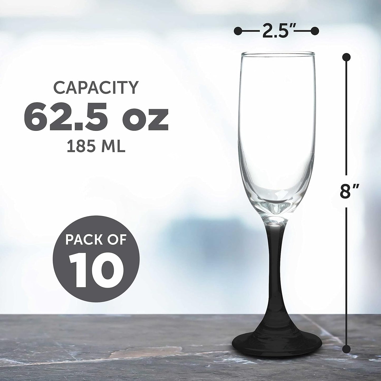 DISCOUNT PROMOS Premiere Champagne Flutes 6.25 oz. Set of 10, Bulk Pack - Elegant Drinkware for Weddings, Events, & Promotional Gifts - Black