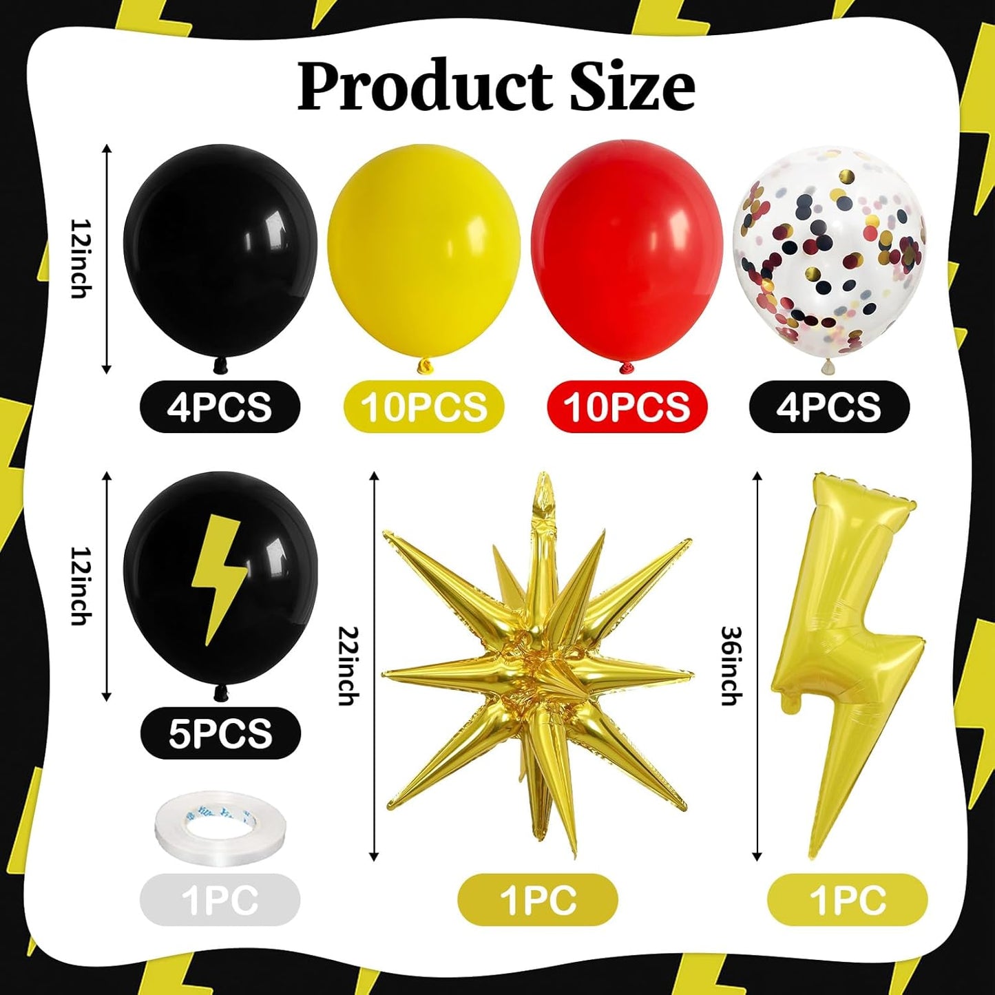 Red Yellow Black Balloons, Cartoon Theme Balloons with 36 Inch Lightning and 22 Inch Star Foil Balloon, Red Black Yellow Confetti Lightning Printed Balloon for Kids Boys Birthday Anime Party Decor