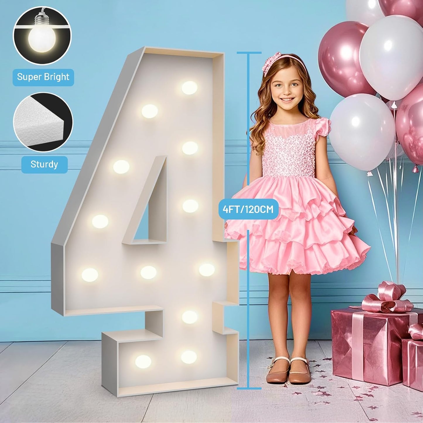 4FT Marquee Light Up Numbers 4,Party Decoration Large Marquee Light Up Letters with Weighted Water Bag,Pre-cut Foam Board Set Can Be Used for Birthdays,Weddings,Baby Anniversaries