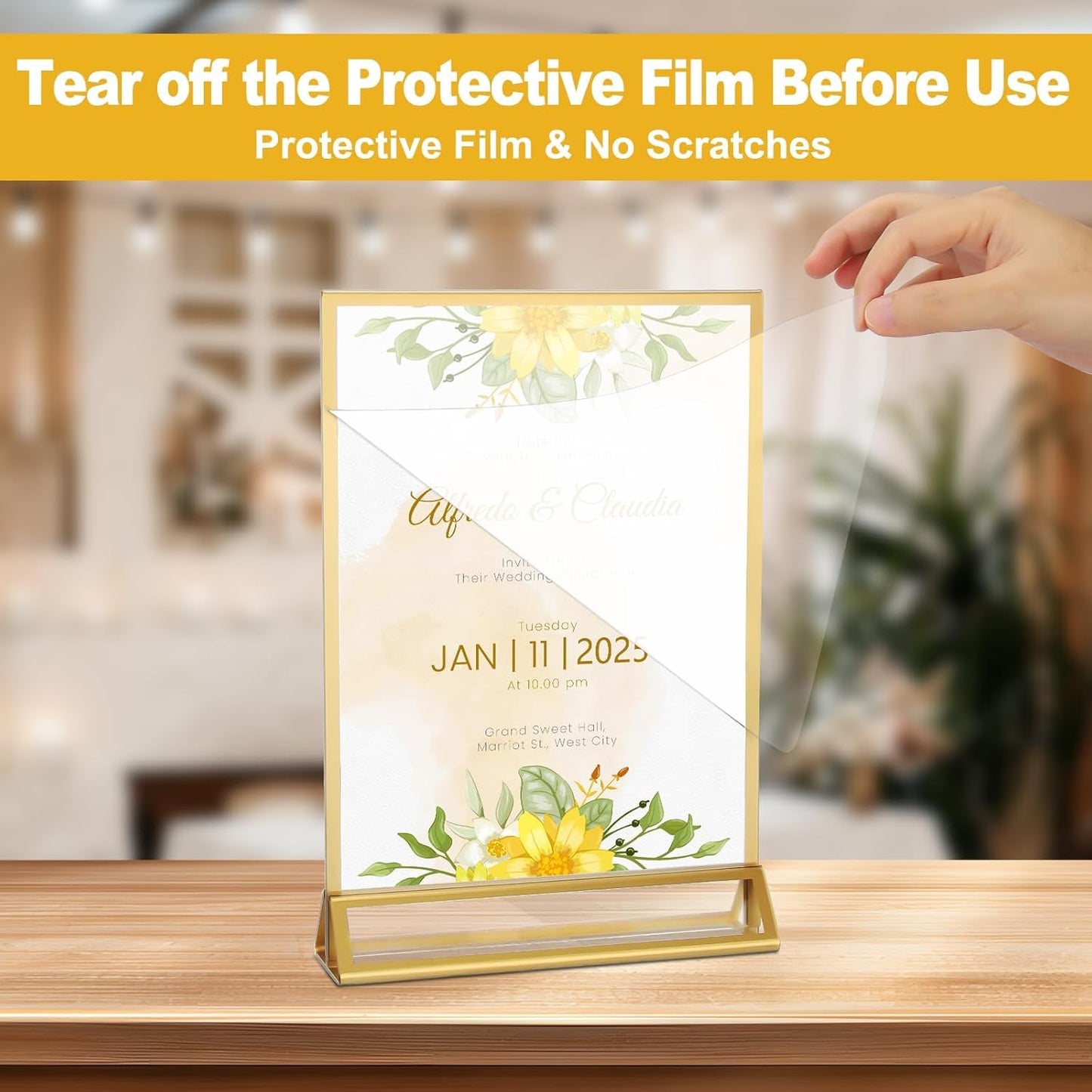 EHWINE 6 Pack Acrylic Sign Holder 5.5 x 8.5, Double Sided Gold Picture Frame Stand up Table Top Sign Holders, Clear Display Stand Menu Flyer Holder for Wedding Party