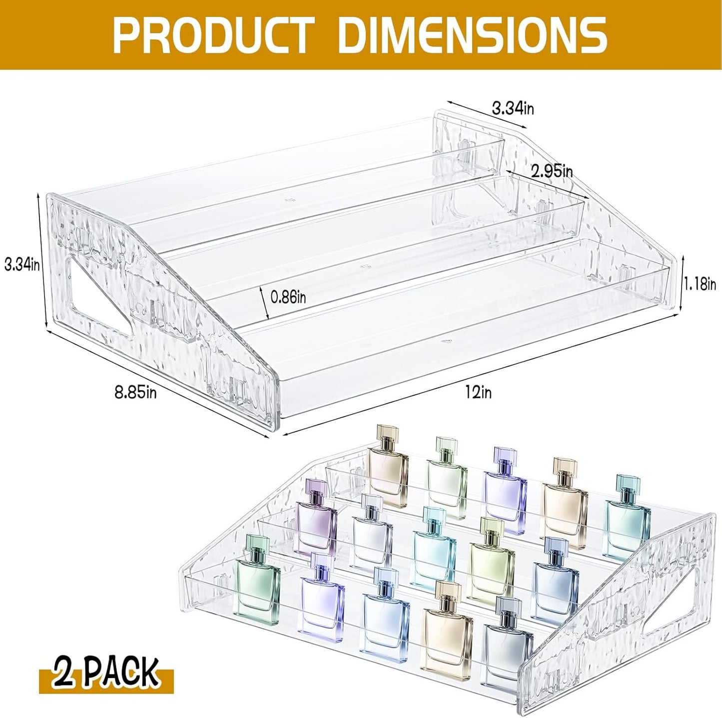 2 Pcs Perfume Organizer Stand, 3 Tier Acrylic Display Risers with Decorative Secure Fences, Tool-free Assembly, Clear Acrylic Shelf Risers for Cologne Cosmetic Dessert Cupcake for Countertop