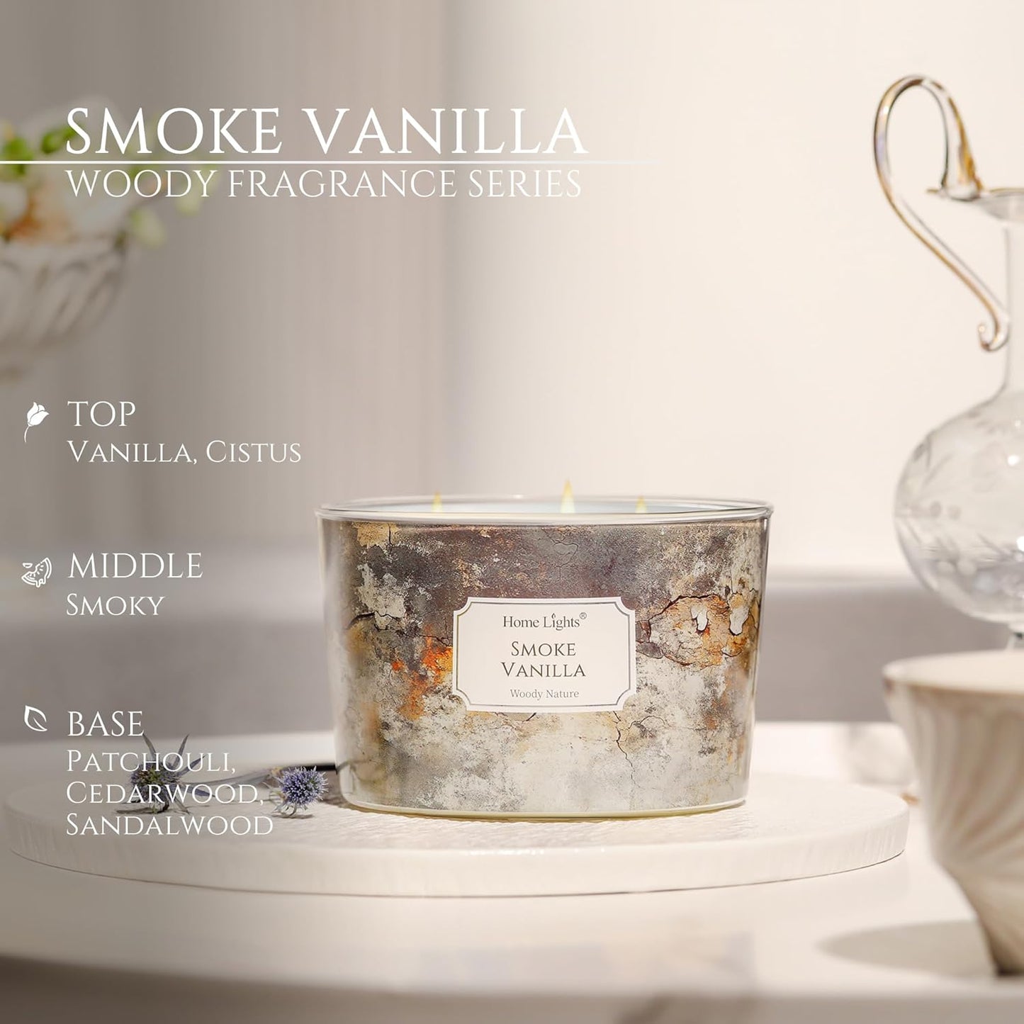 HomeLights Large jar Candle | 4-Wick Long-Lasting Scented Candles, 18oz Natural Soy Wax Candle for Home Scented, Industrial Chic Gifts for Women & Men, Smoke Vanilla