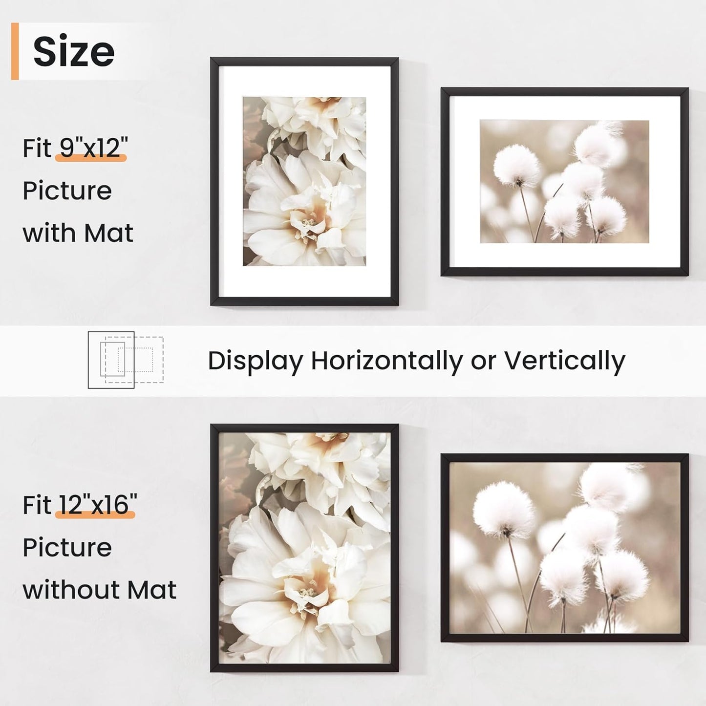 12x16 inch Picture Frame, 12x16 Photo Frames with Removable Mat - High Definition Plexiglass - Vertical and Horizontal Display - Wall Hanging Frame - Black, 5 Pack