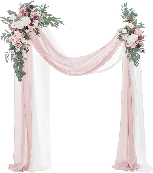 Ling's Moment Pink Mauve Artificial Wedding Arch Flowers Kit Pack of 4, 2pcs Hanging Flower Arrangement 2pcs Chiffon Drapes Spring Ceremony Reception Fake Rose Arbor Backdrop Floral Outdoor Decor