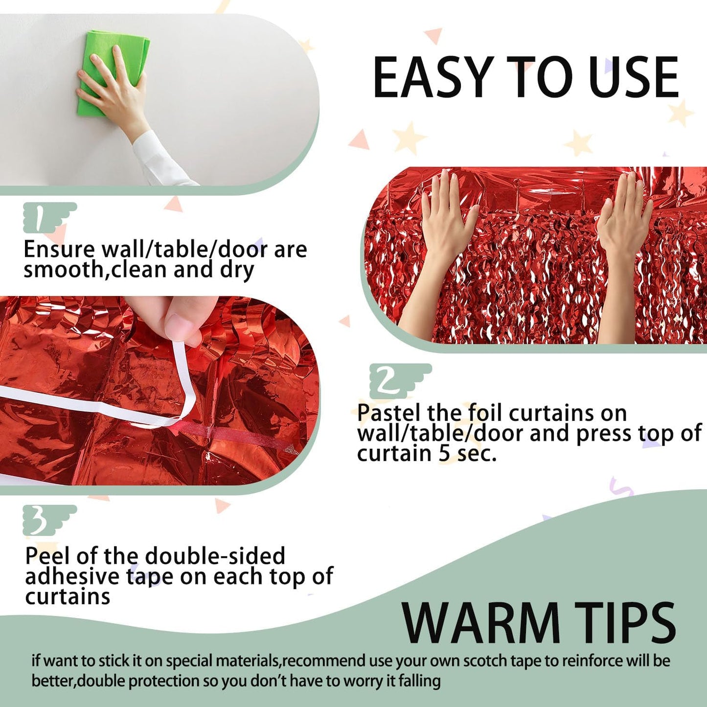 3 Pack Red Aluminium Foil Curtains, 3.3ft x 6.6ft, Wavy Shape, for Party Decorations & Photo Background