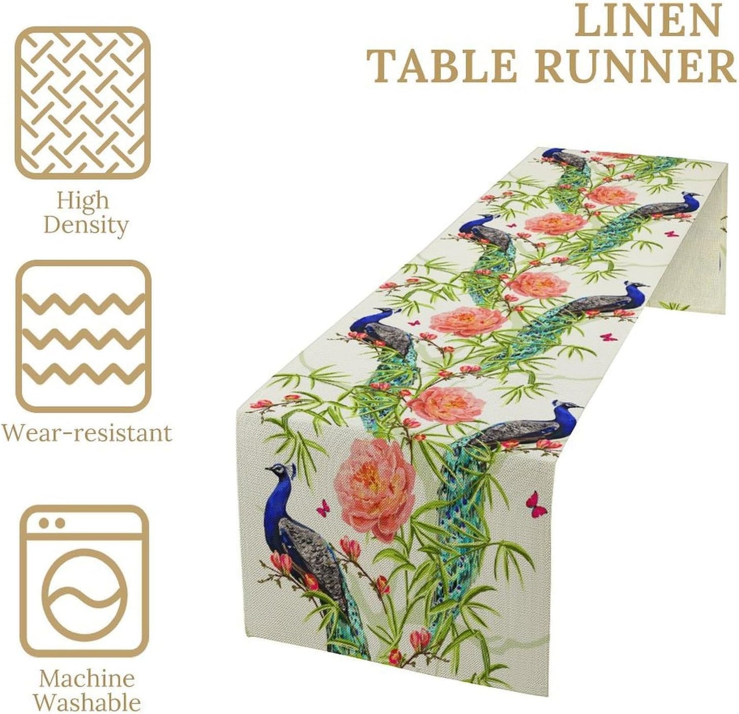 Peacock Table Runner,Seasonal Flower Plants Peacock Birds Table Runner for Home Kitchen Dining Party Indoor Outdoor Decoration 13x36 Inch