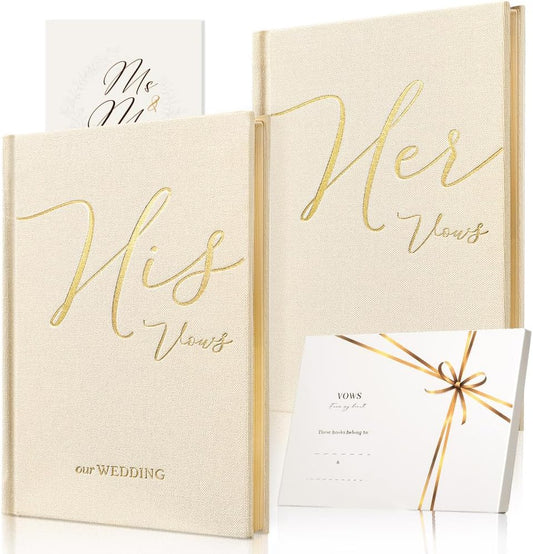 Vow Books His and Hers 2 Pack - 6 x 4 Inch Linen Hardcover Wedding Vow Books with Gold Foil Lettering & Bookmark, Wedding Ceremony Keepsake for Bride and Groom-His and Her Engagement Gift, 48 Pages