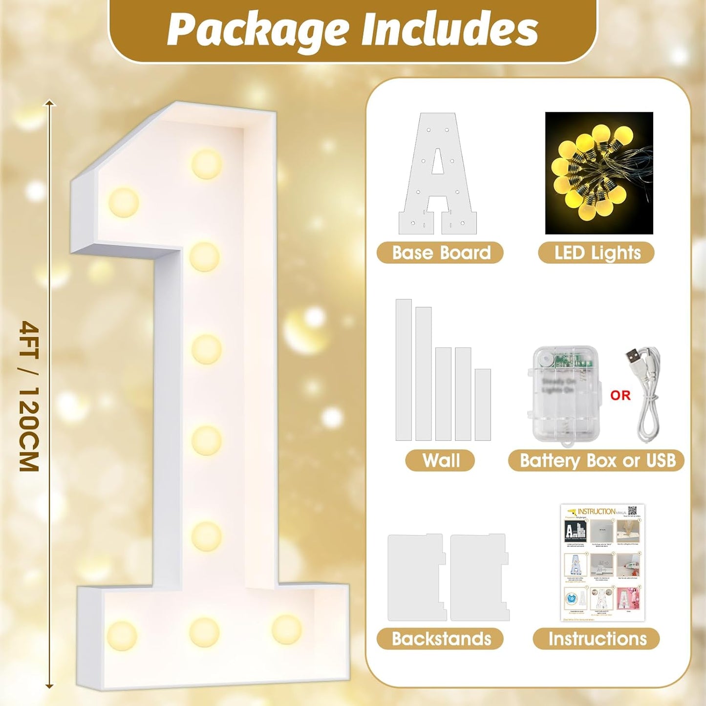 Ledido 4FT Marquee Light Up Numbers Large Light Up Letters for Party Decoration, Marquee Numbers for 3rd 30th Birthday Anniversary, Pre-cut Foam Board Assembly Required Number 3