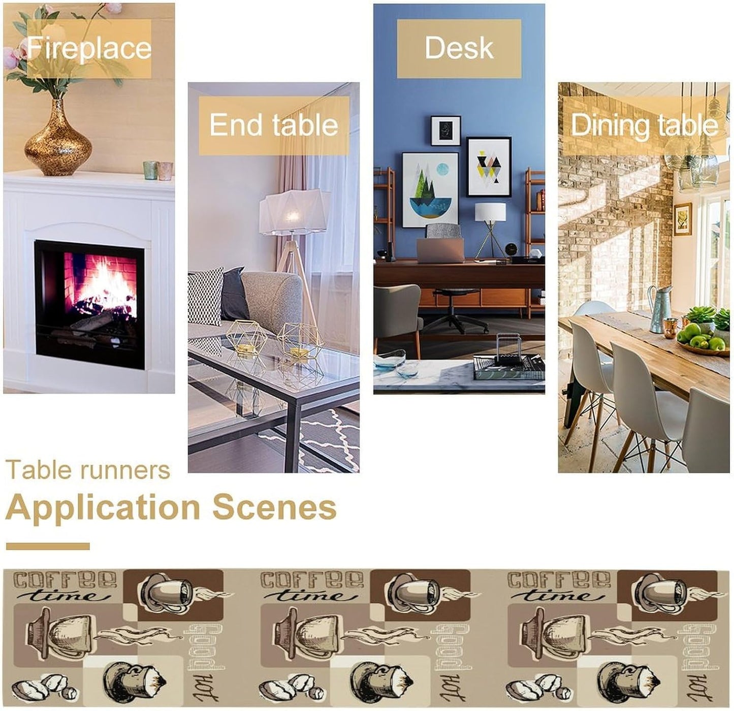 Coffee Table Runner,Vintage Style Coffee Cup Bean Abstract Theme Pattern Print Tablecloth Burlap for Hotel Indoors Outdoor Dining Room Kitchen Table Decor, 13x90in