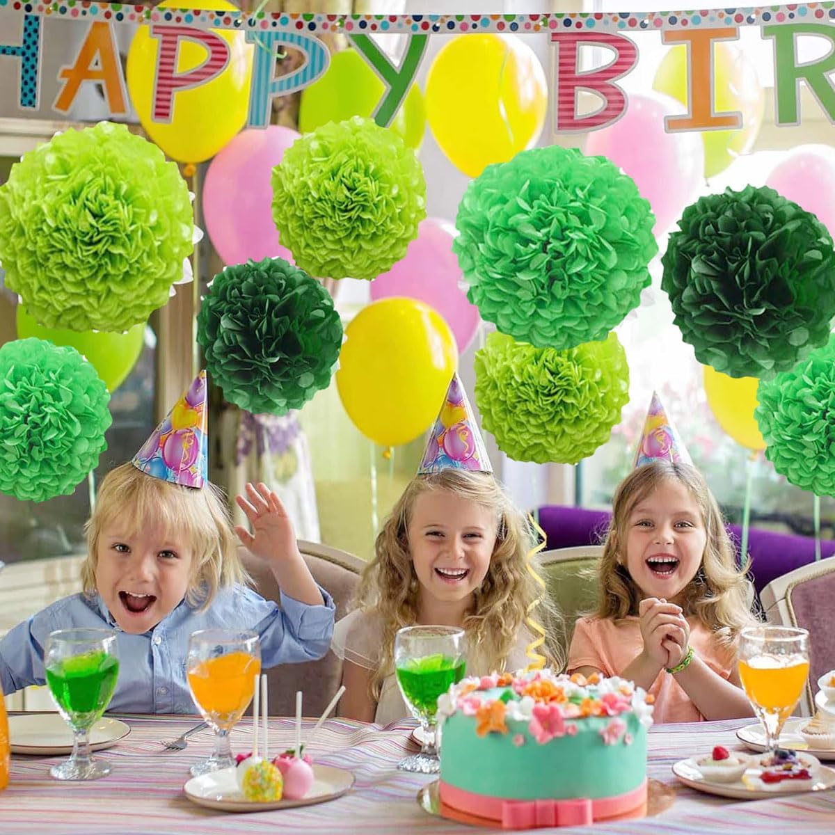 12pcs 8in 10in Green Paper Pom Poms Tissue Flower Hanging Balls for Wedding Party Decorations DIY Art Craft Blooms Birthday Baby Shower Nursery Decor