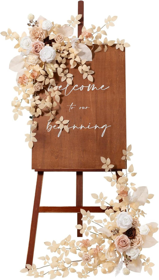 Ling's moment 2pcs Wedding Flowers Garland Artificial Floral Swag Arch Decorations Greenery Arrangements White & Beige Ceremony Reception Garden Easel Wall Entryway Outdoor Board(NOT Include Sign)