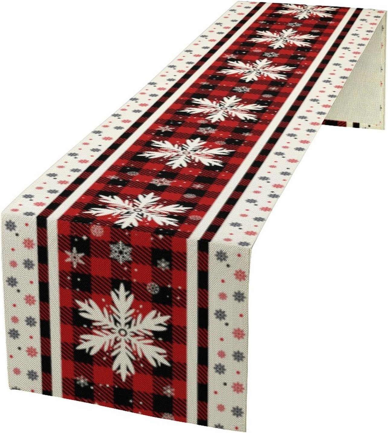 Snowflakes Christmas Table Runner,Red Buffalo Plaid Seasonal Winter Kitchen Dining Table Decoration for Home Party Decor 13x36 Inch