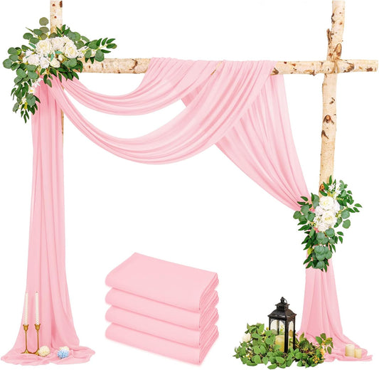 Wedding Arch Draping Fabric, 4 Panels 28" x20ft Pink Sheer Chiffon Curtain Drapes for Wedding Drapes Sheer Backdrop Curtains for Wedding Ceremony Reception Party Decoration