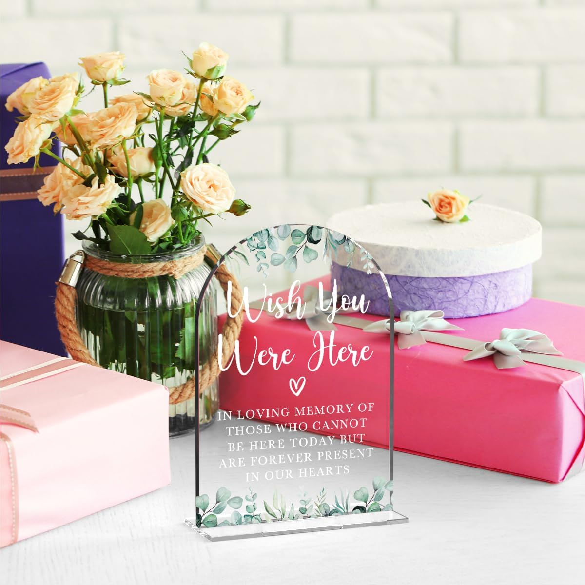 Acrylic Wedding Sign Wish You Were Here Signs for Ceremony Modern Calligraphy Arch Acrylic Table Top Signs for Wedding Reception and Event Party Table Decor (Eucalyptus Leaves)