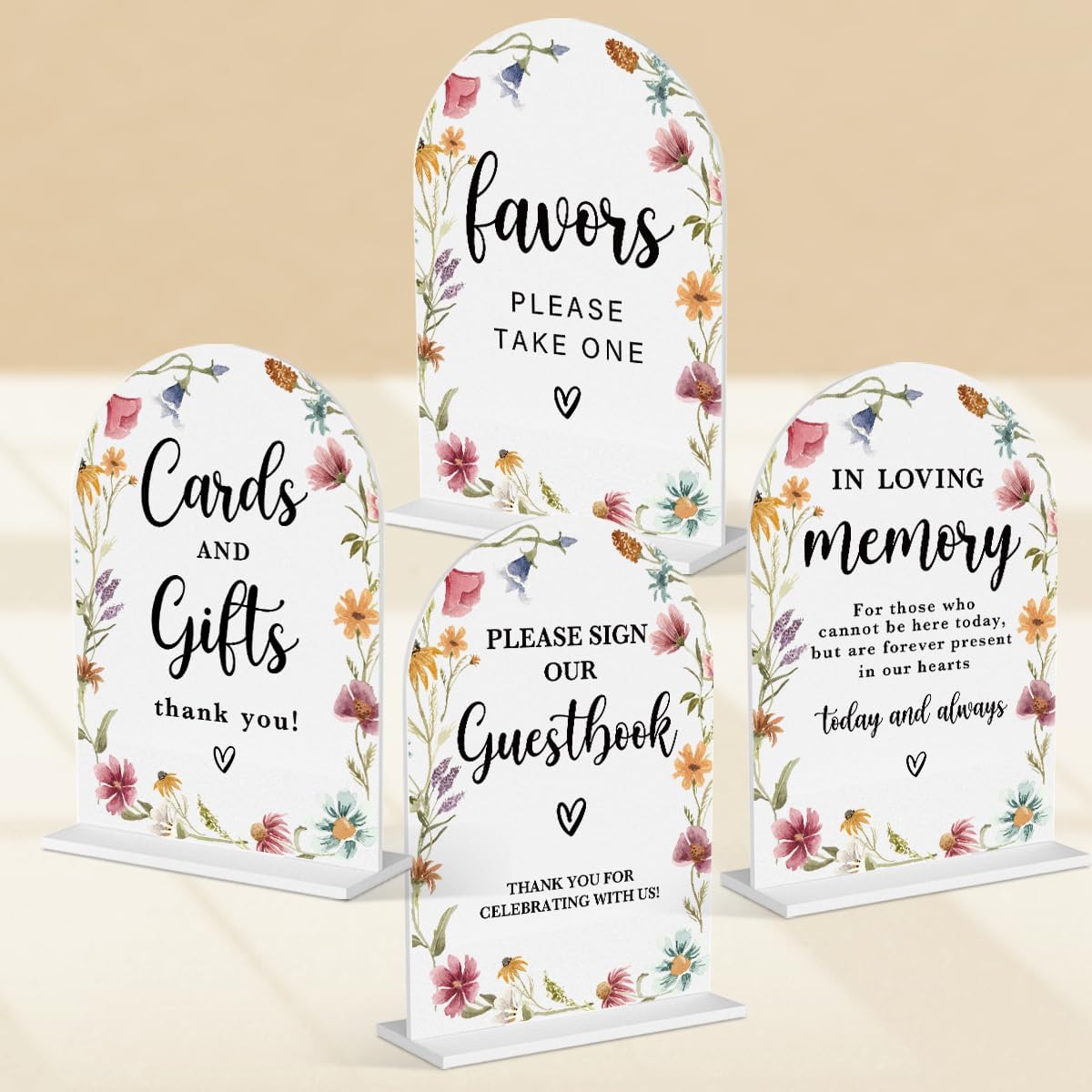4 Pcs Acrylic Wedding Signs for Reception, Bridal Shower Decorations, Cards and Gifts Signs, Guest Book Sign, Arch Acrylic Table Top Sign with Holder for Wedding Reception (White Wildflowers)